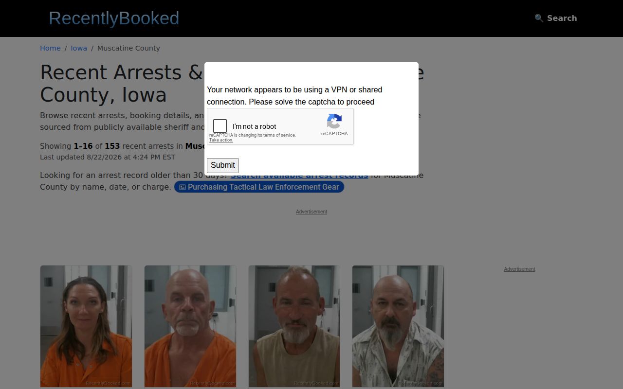 Muscatine County unofficial recent booking records interface