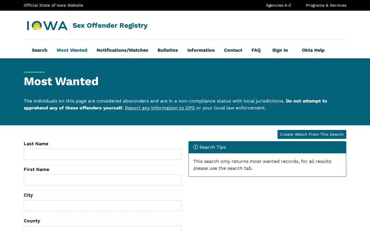 Iowa Sex Offender Registry most wanted search interface